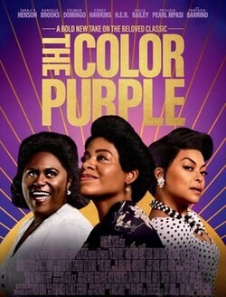 Movie poster for The Color Purple. It shows three smiling women against a radiant purple and gold background. At the top are the names of cast members including Taraji P. Henson, Danielle Brooks, Colman Domingo, Corey Hawkins, H.E.R., Halle Bailey, Phylicia Pearl Mpasi, and Fantasia Barrino. The text reads: “A bold new take on the beloved classic.” 