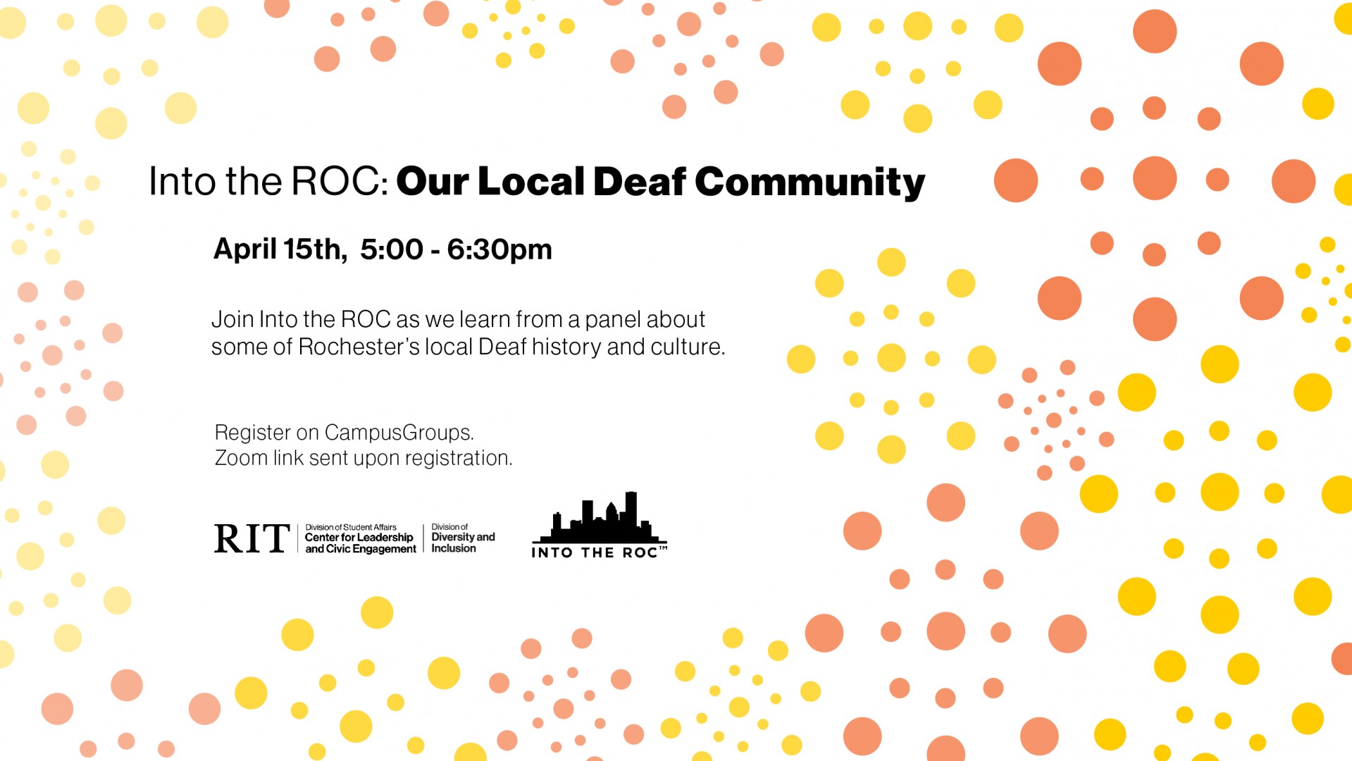 Around the edges are a series of colorful circles, ranging from orange to yellow. To the left of the image, the details of the event.