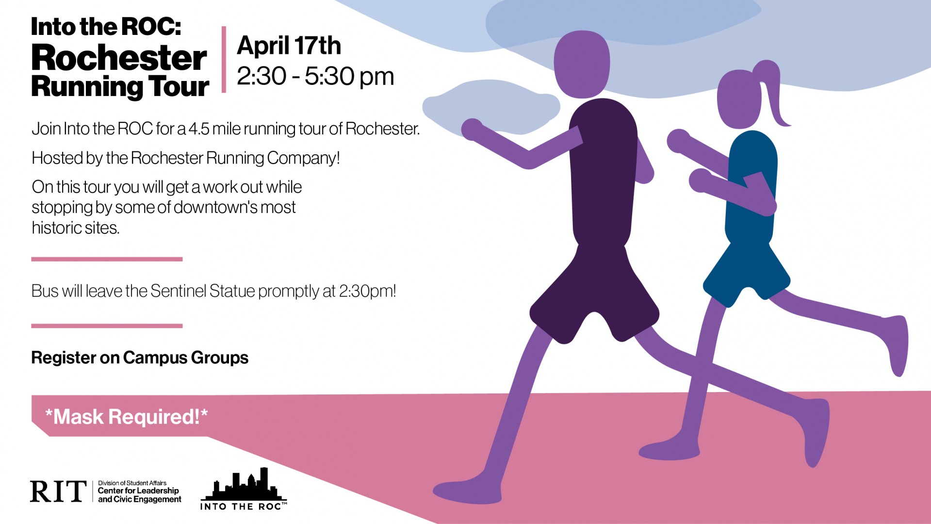 On the right side of the flyer, two people are out for a run. To their left is the information for the event, to take place Saturday, April 17th at 2:30pm.