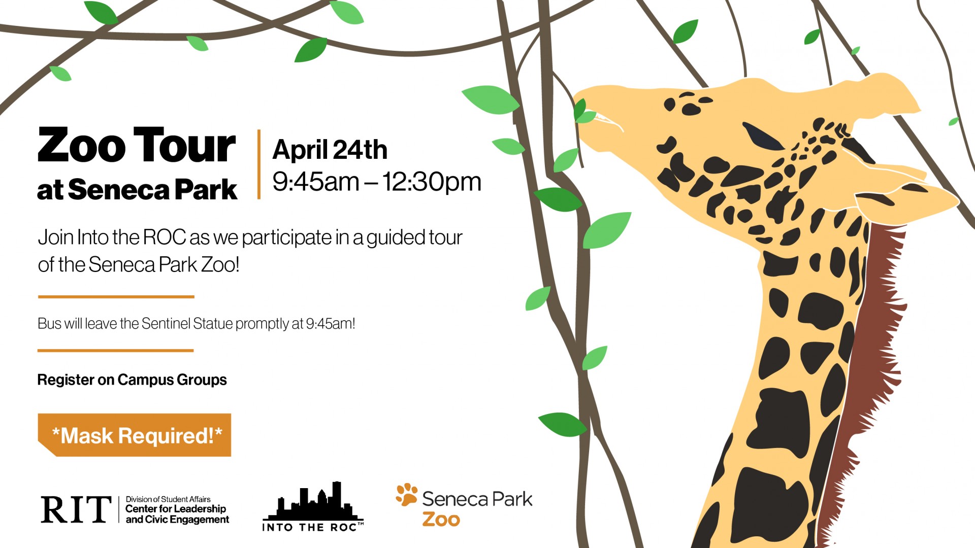 On the right side of the flyer, a giraffe lazily eats leaves hanging from a vine. To the left of the giraffe are the details of the event.