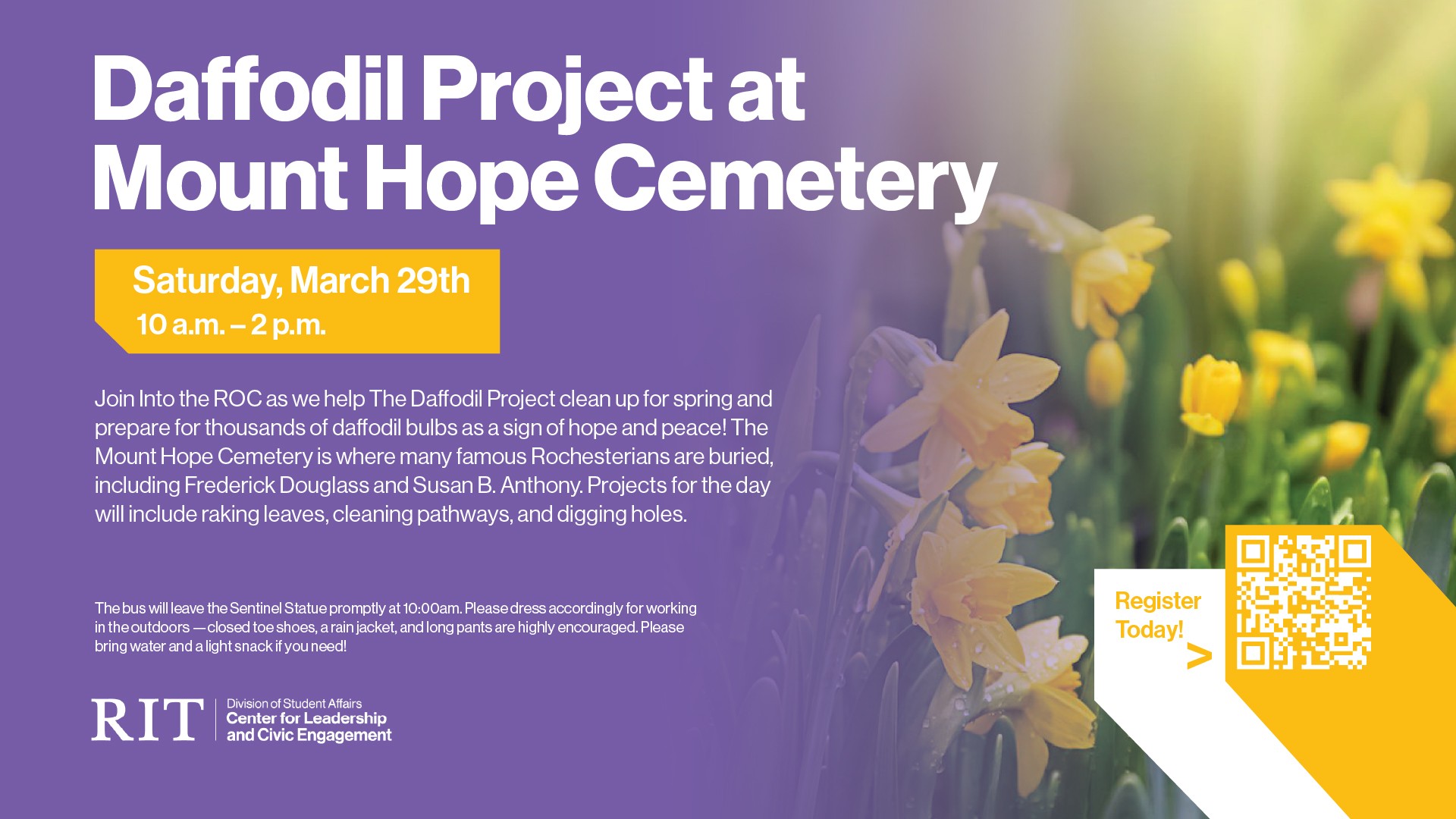 image of yellow daffodil flowers with the title of the event and description also posted 