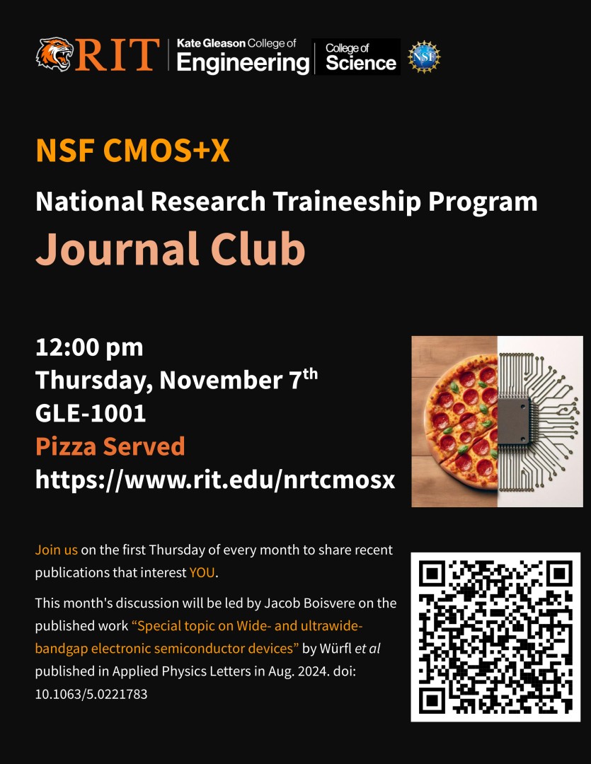 Flyer advertising CMOS+X Journal Club with 1/2 pizza connected to 1/2 integrated circuit