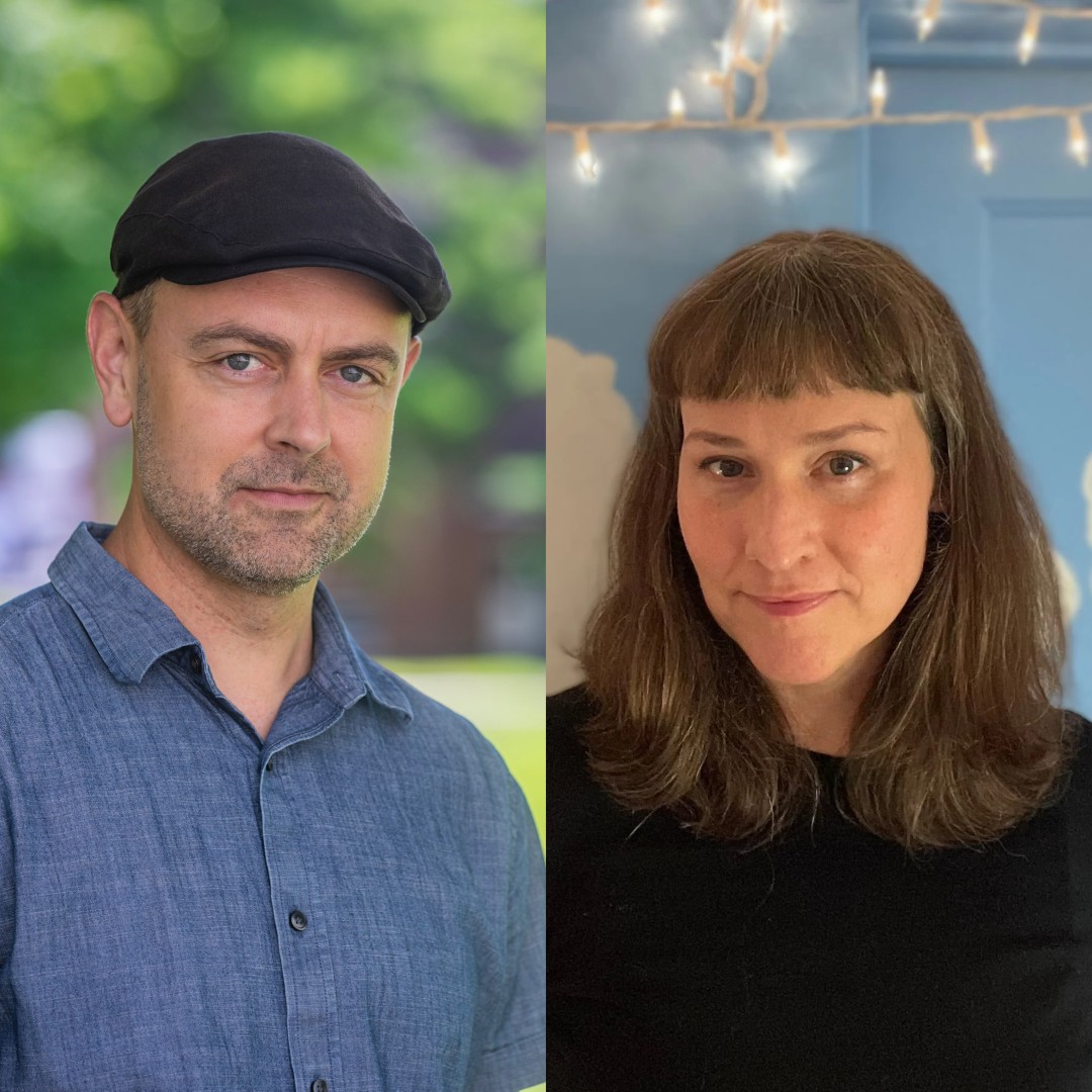 Side-by-side headshots of two people. On the left, a person wearing a dark flat cap and a blue button-up shirt looks directly at the camera, standing outdoors with a softly blurred green background. On the right, a person with straight brown hair and short bangs wears a black top and faces the camera, with a blue wall, white cloud shapes, and string lights softly glowing in the background.