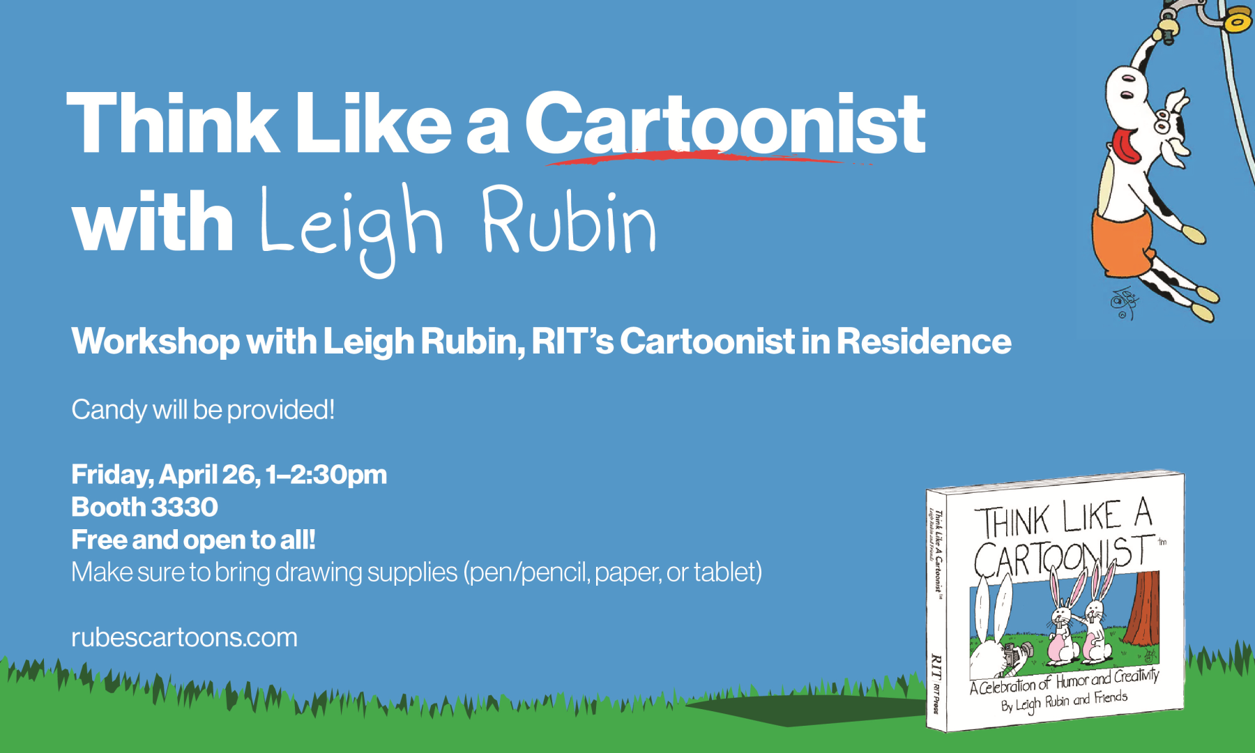 Cow jumping in the air. Grass with a book. Information about the event.