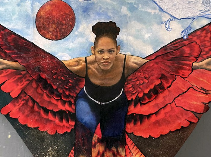 A painting of a woman with large, red wings.