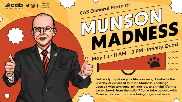 Drawing depicting Munson in a suit and tie with two thumbs up on a yellow background with red circled detailing and funky shapes.