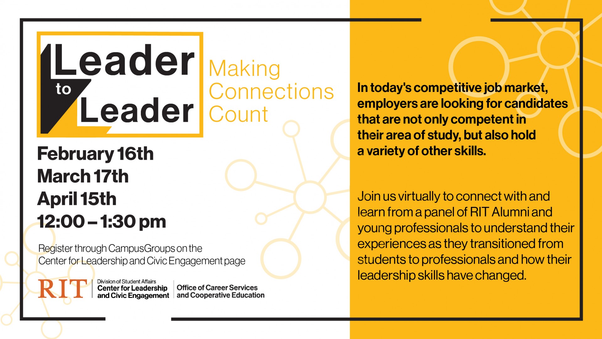 Graphic in black and yellow highlighting the event name leader to leader making connections count