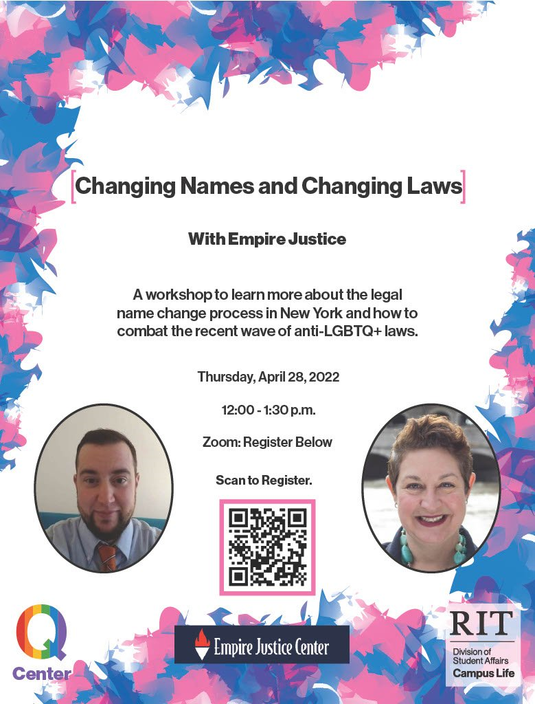 Two photos of our presenters from Empire Justice under the event information.  Changing Names and Changing Laws. 