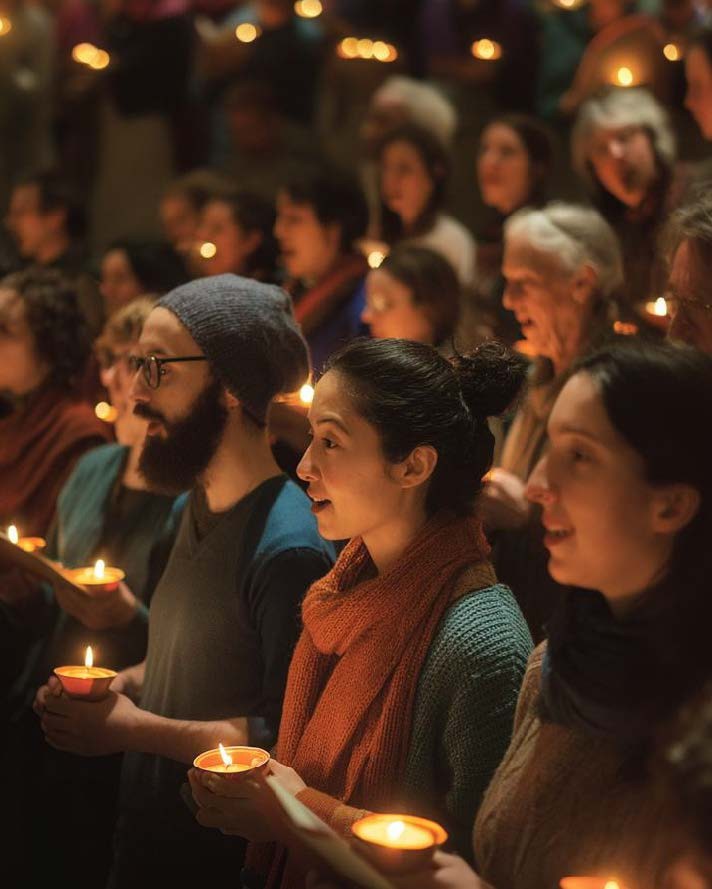 men and women singing while holding candles in hands