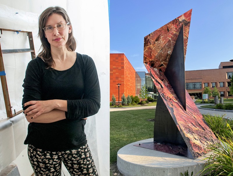 A side-by-side photo of Letha Wilson and an outdoor sculpture on the RIT campus.