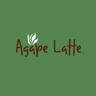The words Agape Latte with steam rising off the letter "a" like a cup of coffee
