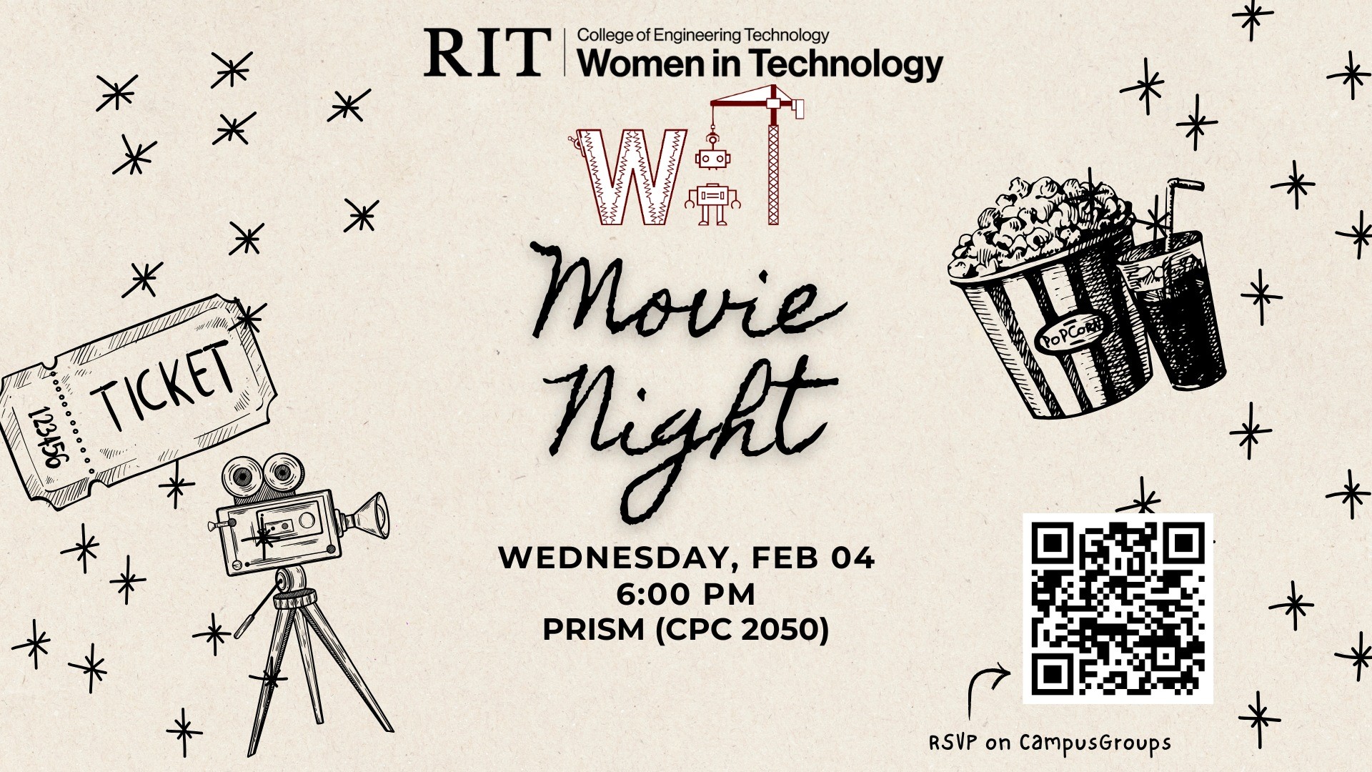 RIT Women in Technology Movie Night flyer with vintage camera, popcorn, ticket, and QR code. Event on Wednesday, Feb 4, 6 PM at PRISM (CPC 2050).