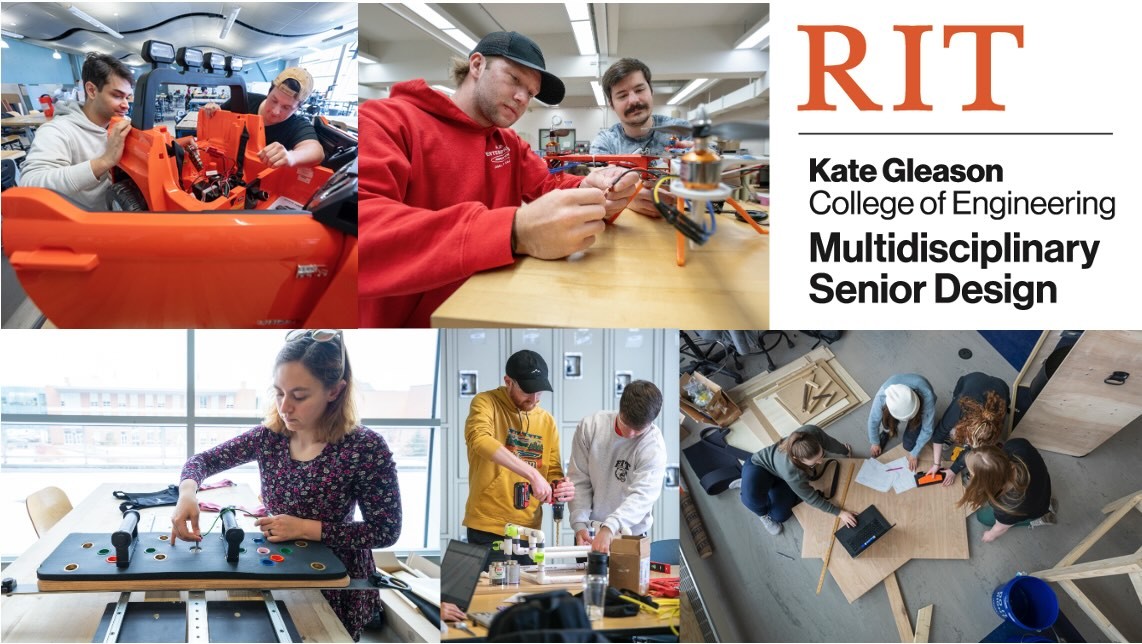 A series of photos showing students at work on projects.