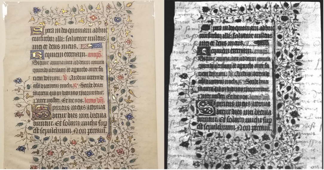 An illuminated manuscript page decorated with intricate floral borders and medieval-style text. The left is in color and the right is black and white.