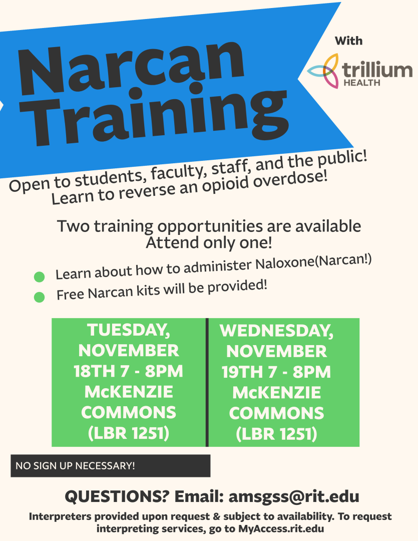 Text on a cream background, blue banner with black text, green banner with white text, detailing event information and contact details