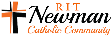 In alternating orange and black text the image reads "RIT Newman Catholic Community" . There is a Black and orange cross on the left side of the image.