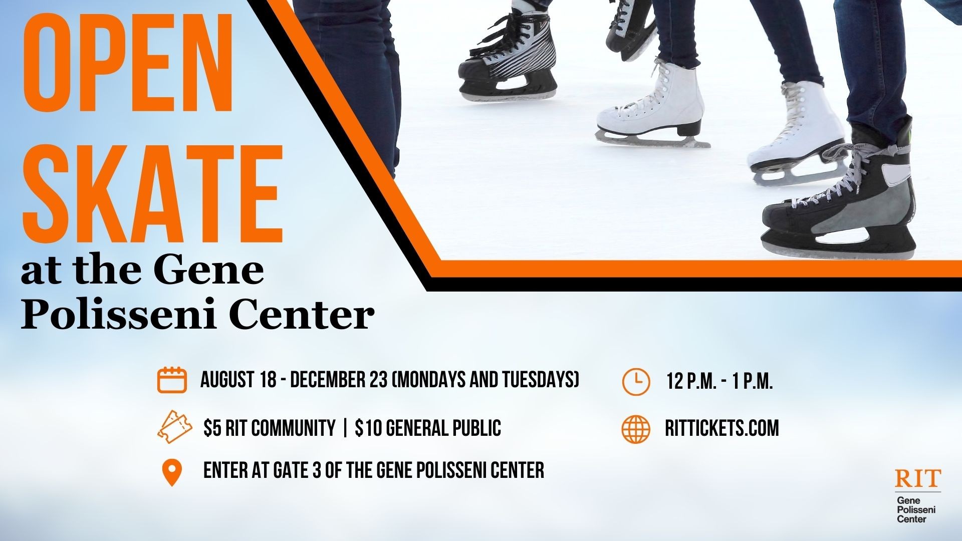 ice skating with text about open skate at the gene polisseni center