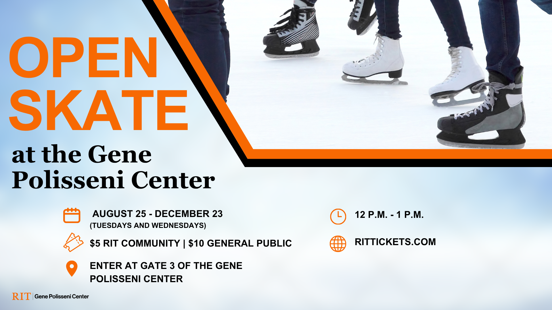 open skate image with information at the gene polisseni center