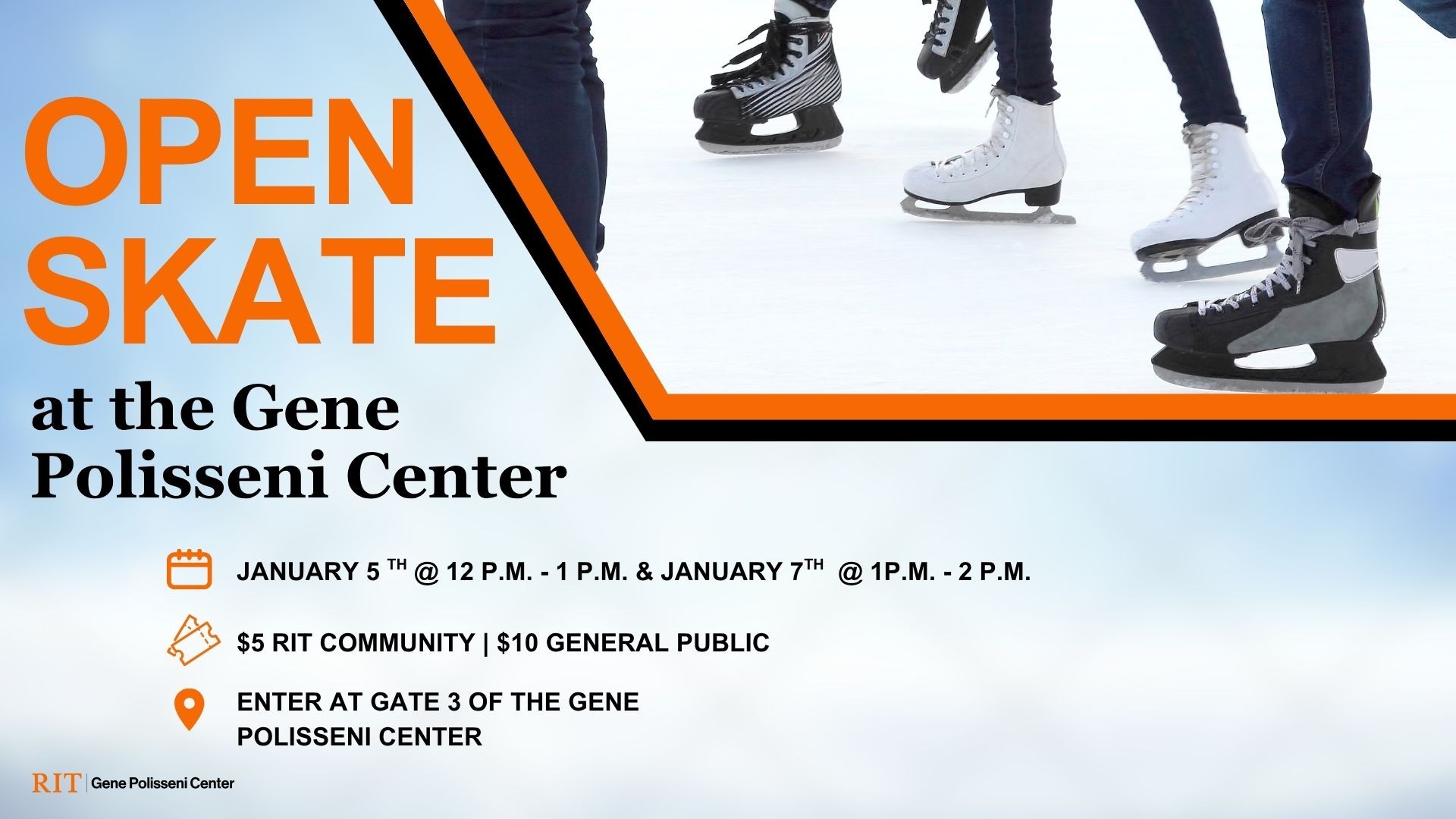 ice skating with text about open skate at the gene polisseni center