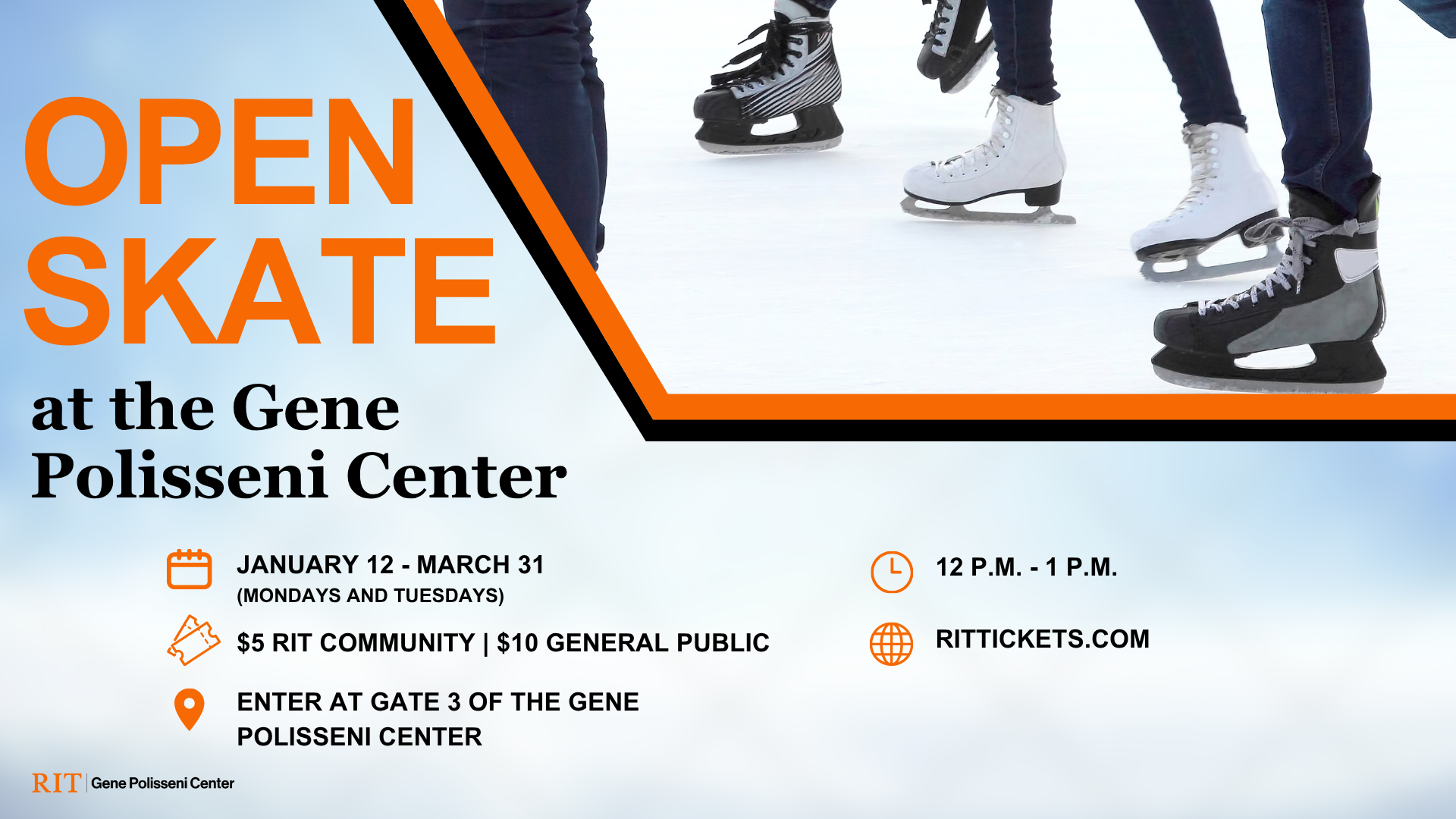 ice skating with text about open skate at the gene polisseni center