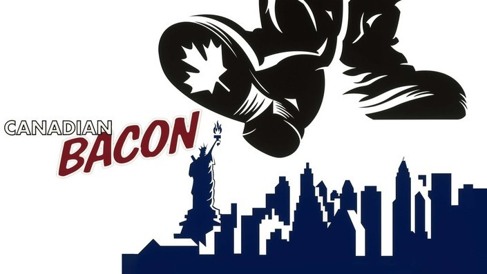 A silhouette of the New York skyline including the Statue of Liberty. Above it is a boot with the Canadian maple leaf on the sole