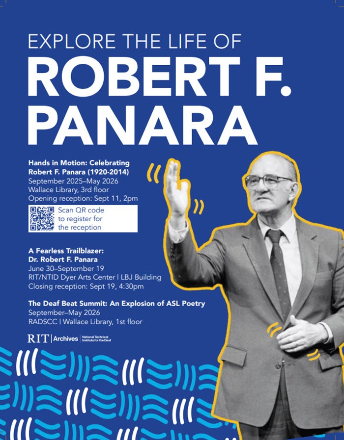 The poster background is deep blue with patterns of wavy white lines scattered across the bottom edge and along the sides, resembling flowing motion.