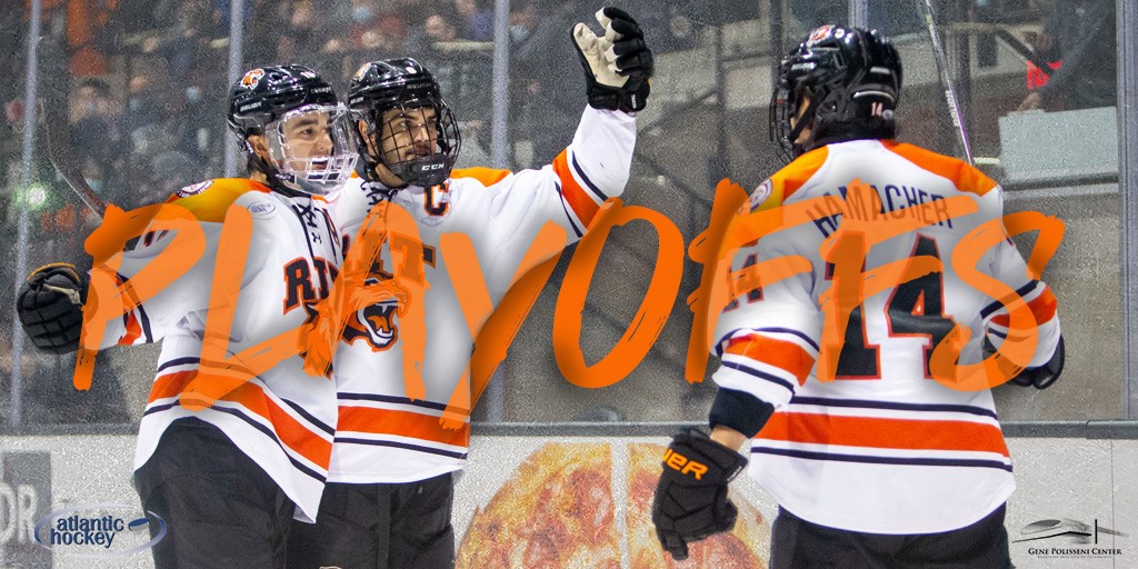 playoff text with rit men's hockey players celebrating