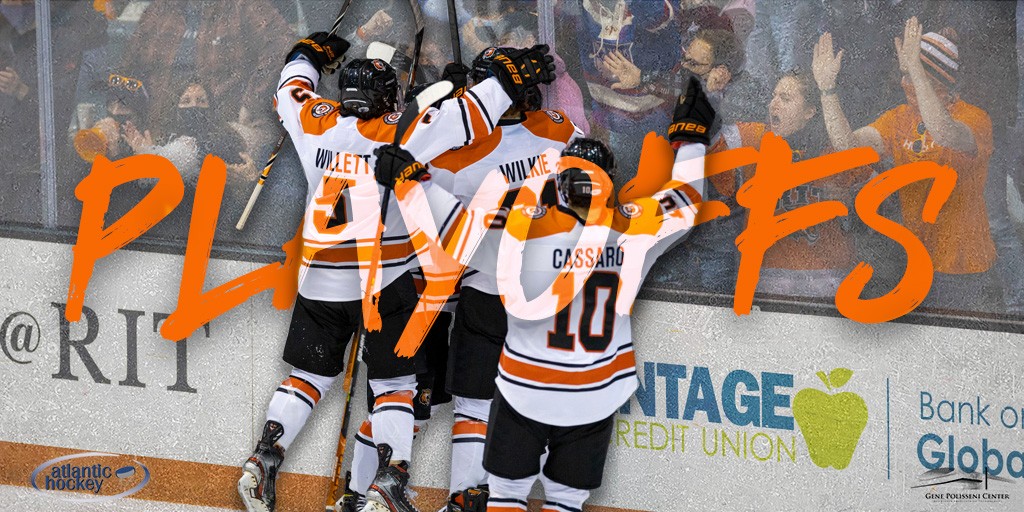 playoff text with rit men's hockey players celebrating
