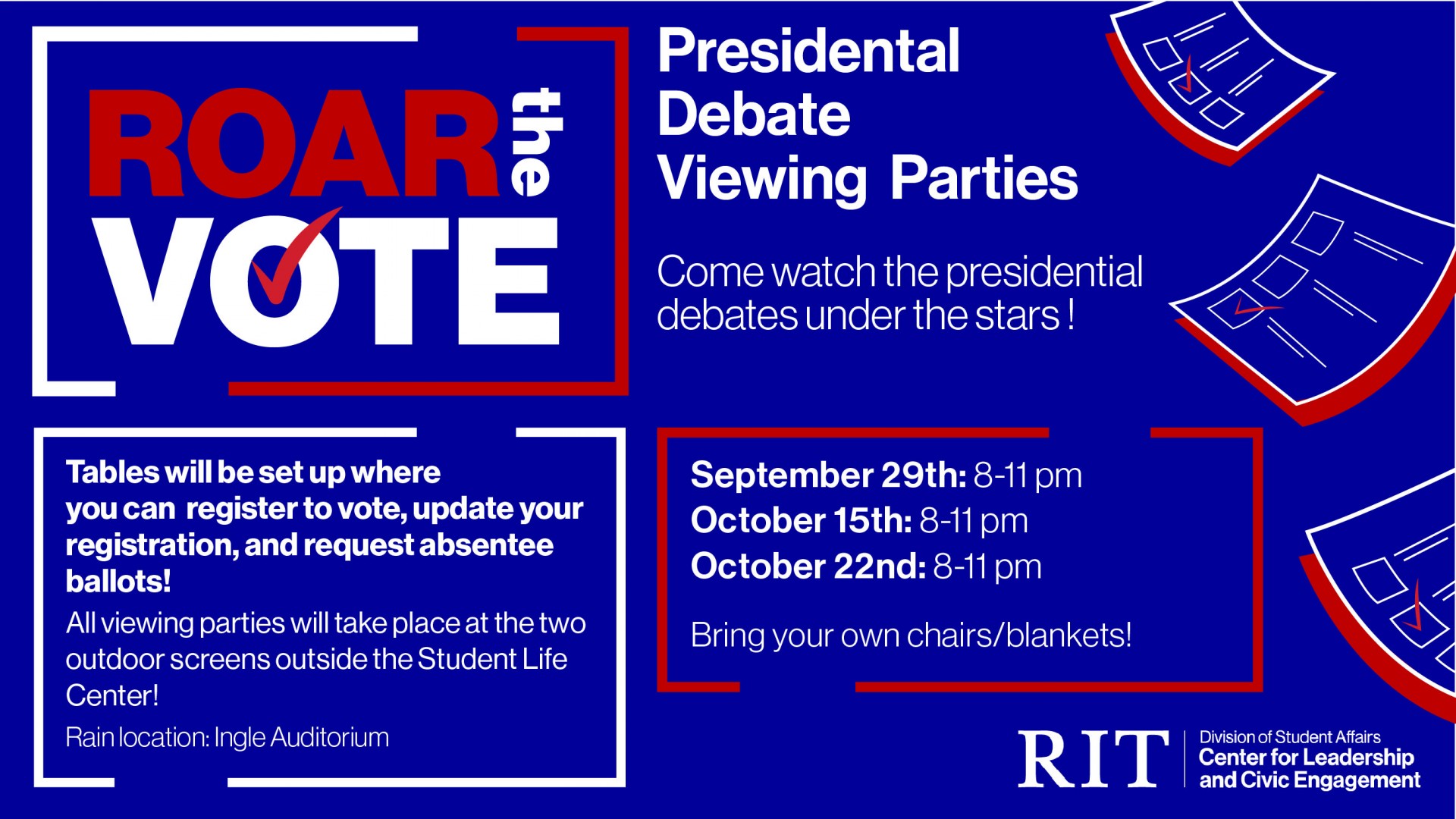 Come watch the presidential debate under the stars! Join ROAR the Vote as we screen the presidential debate on our two outdoor screens. You can also register to vote and request an absentee ballot!  The debate is scheduled to start at 9pm. Please bring your own blanket/chairs to sit on!  Masks are required if 6 ft. distancing isn't possible. We have requested ASL interpreters and will screen the debate with captions (if available).