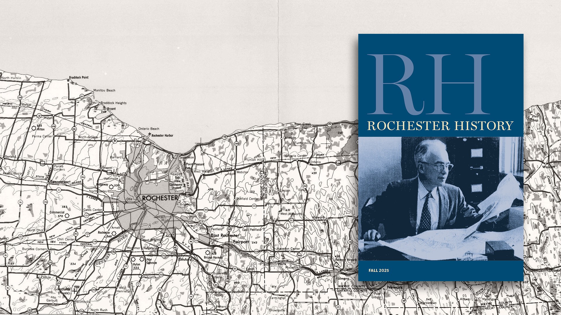 dark blue cover of rochester hsitory journal, featuring a photo of Blake McKelvey looking over papers in an office. The image is overlaid ona. light gray historic map of the Rochester area.