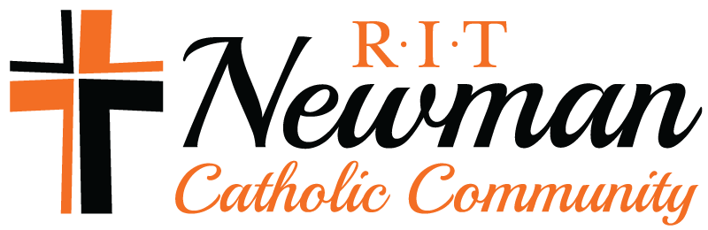 A Logo with a black and orange cross with the text: " RIT Newman Catholic Community" in matching colors