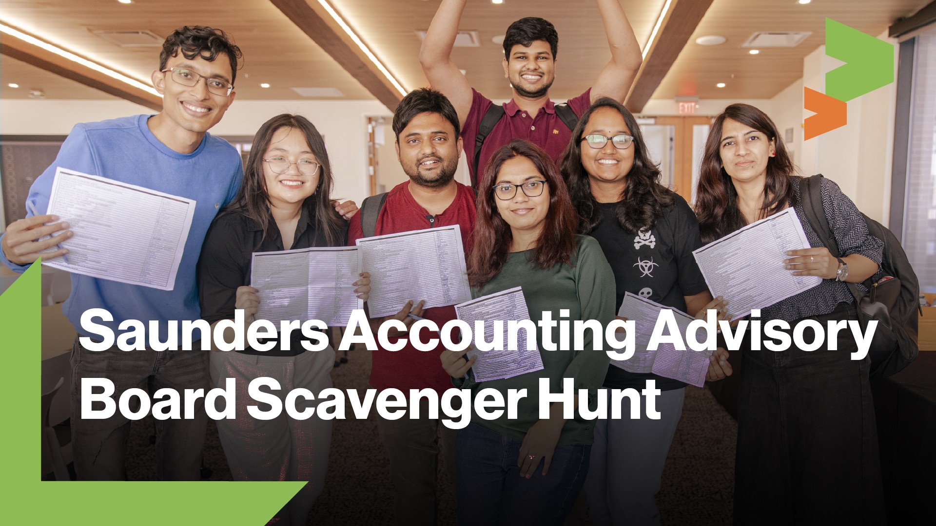 picture of a group of students at an event with text on the graphic saying Saunders Accounting Advisory Board Scavenger Hunt 