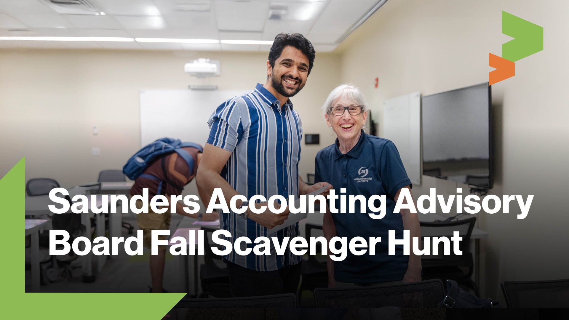 picture of a group of students at an event with text on the graphic saying Saunders Accounting Advisory Board Scavenger Hunt 