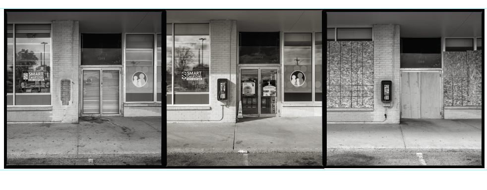 A triptych of payphones and their surrounding environment.