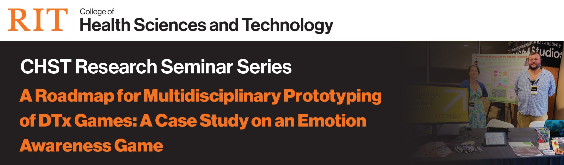 Graphic showing College of Health Science logo, title of the seminar, and photo from a recent event table.