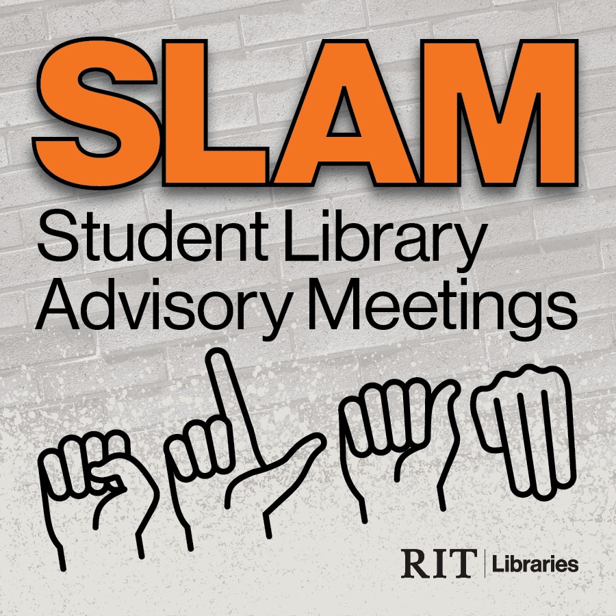 SLAM logo on brick background with ASL letters signing S-L-A-M