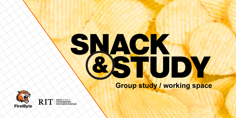 Snack & Study Group Study/working space with a half chips and grid background with the FirstByte and Computing College Logo