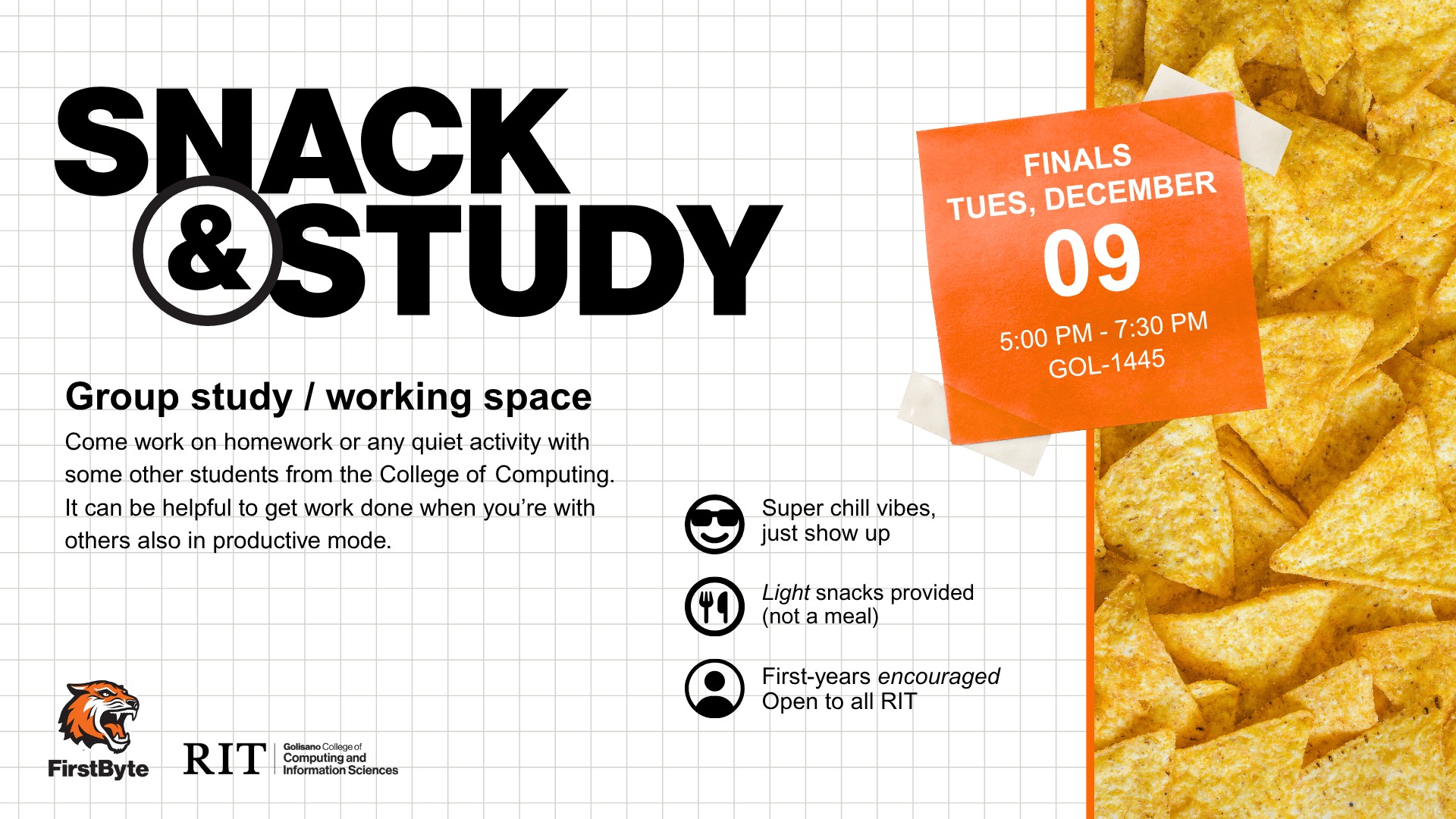 FirstByte Snack and study, Group study/working space, Come work on Homework or any quiet activity with some other students from the College of Computing