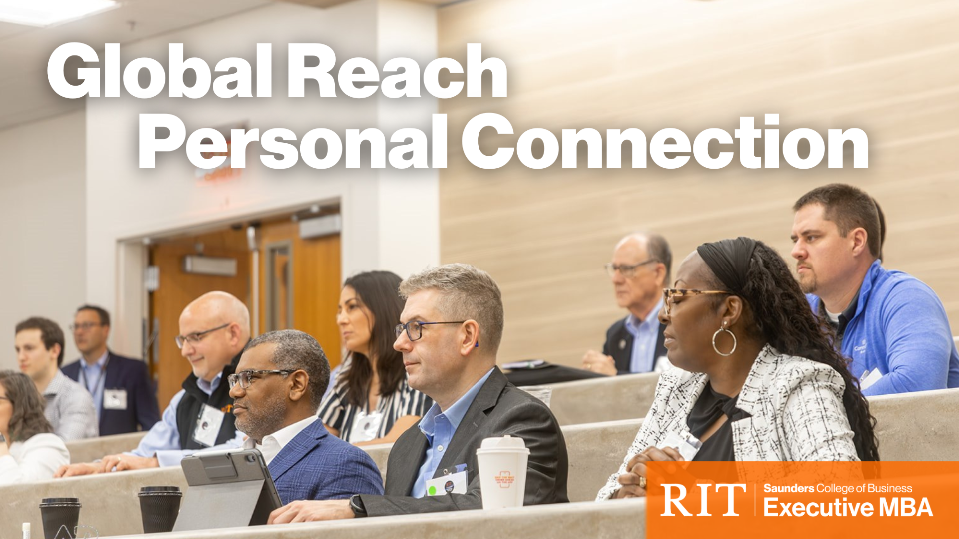 a group of business professionals sitting at a conference with the text on the image saying Global Reach Personal Connection