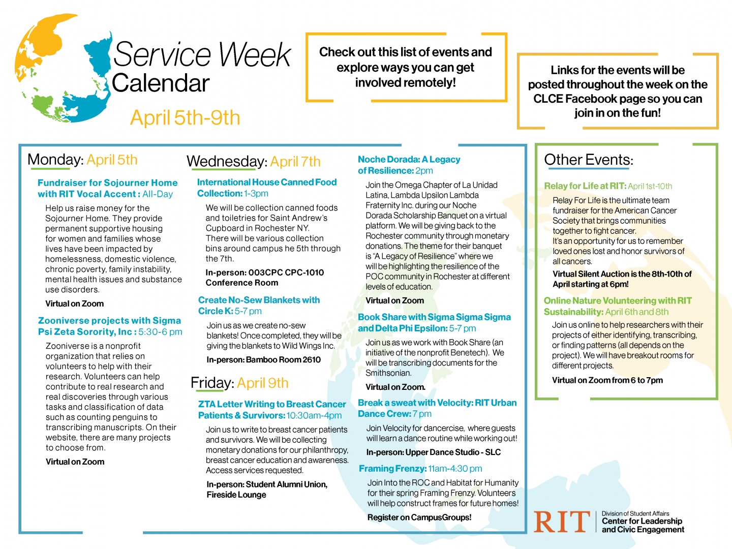 A scheduled listing of all events happening during Service Week.
