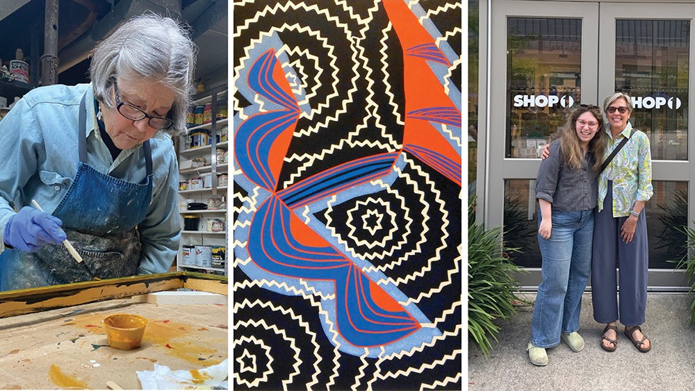 A side by side view of RIT alumna Tarrant Clements painting while one side has an abstract printmaking design and another had RIT alumni Wendy Marks and Maddy Schoenfeld.