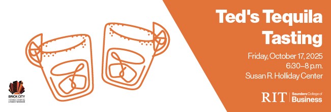 Event graphic with a cocktail glass that reads Ted's Tequila Tasting Friday, October 17, 2025 6:30-8 p.m. Susan R. Holliday Center with the Saunders College logo