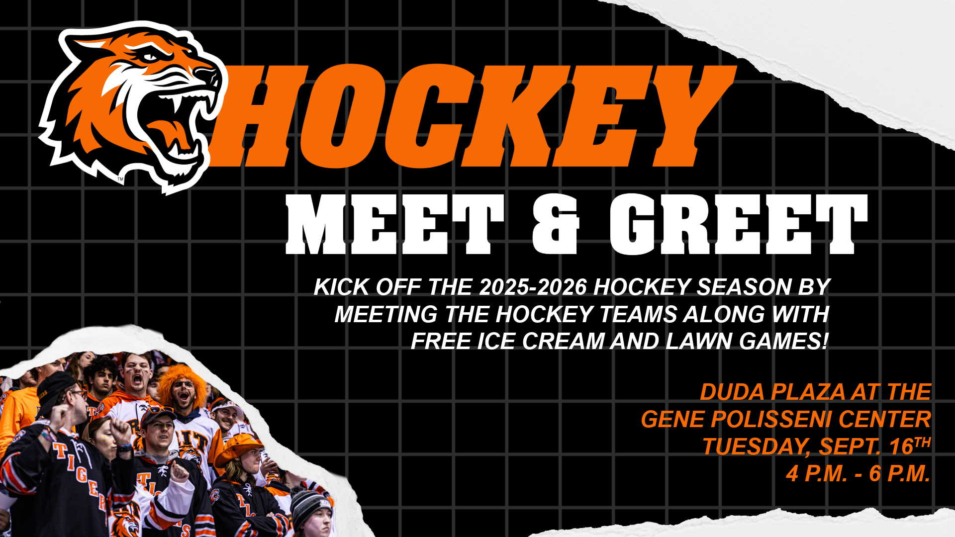 Meet and greet information on grid back ground with torn corners and cheering