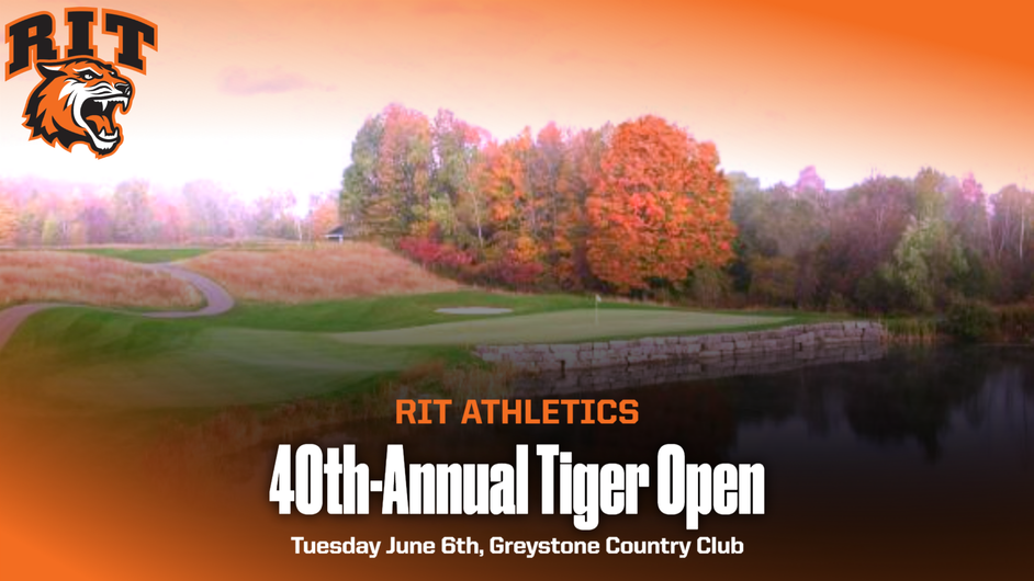 graphic with background image of golf course says, R I T athletics, 40th annual Tiger Open, Tuesday June 6, Graystone Country Club