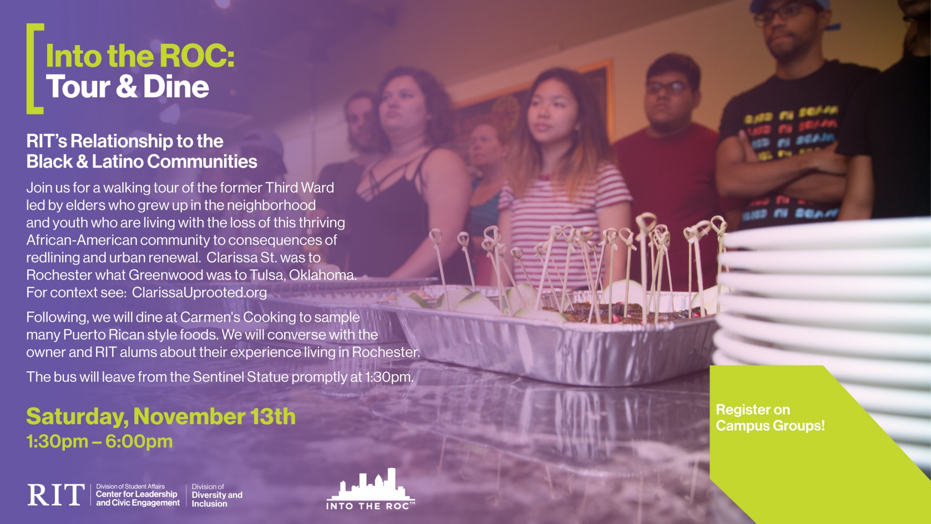 In the background, a group of students stands attentively listening to a community member. In front of them on a table is a tray of food with decorative toothpicks sticking out. To the left of the image on a purple background is the information about the event. Along the bottom of the image are the logos of sponsoring groups. In the bottom right of the image, on a green background, is a note to register on Campus Groups.