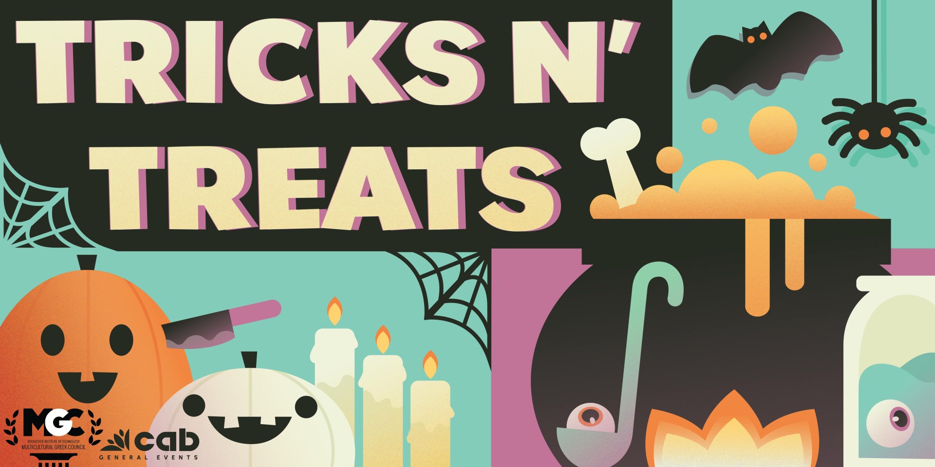 Graphic of cauldron, pumpkins, and spiders 