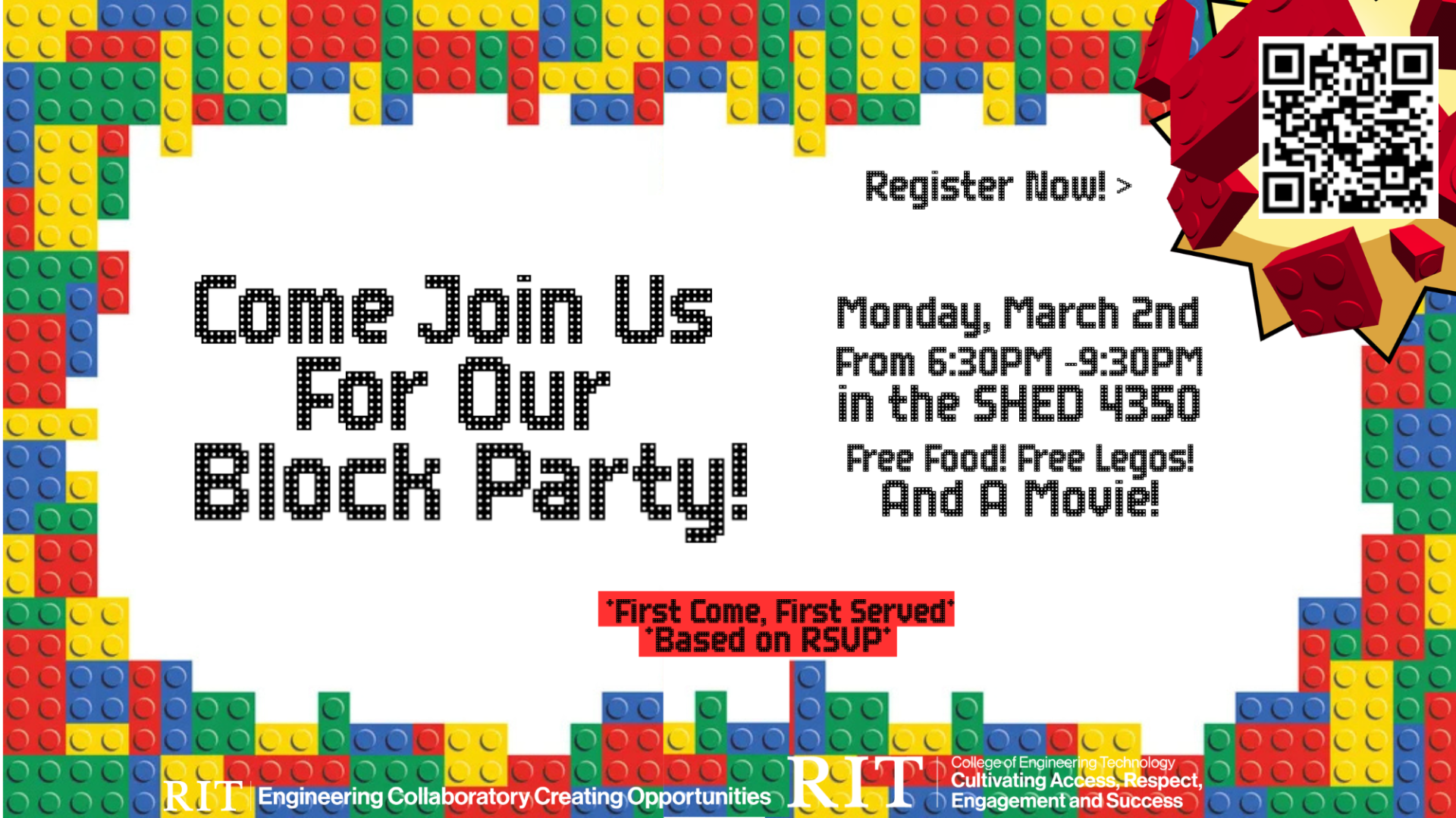 Colorful LEGO-themed invitation for a block party on March 2nd, 6:30-9:30 PM, at SHED 4350. Offers free food, Legos, and a movie, with a QR code for registration.