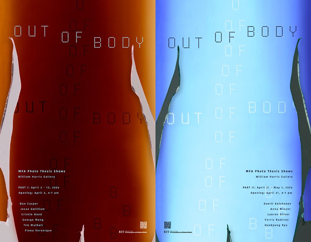 A poster with two silhouettes of bodies: one in red, the other in blue.