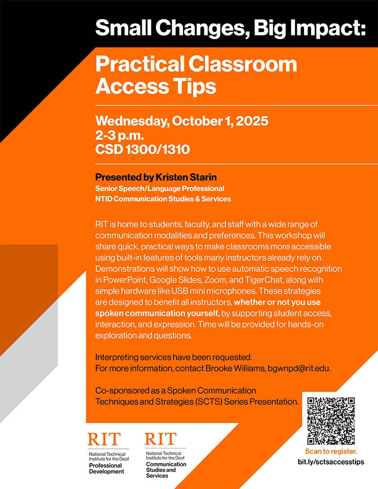 Flyer for Small Changes, Big Impact: Practical Classroom Acess Tips. Text on the flyer matches written event details and includes a QR code to register on the bottom right of the flyer