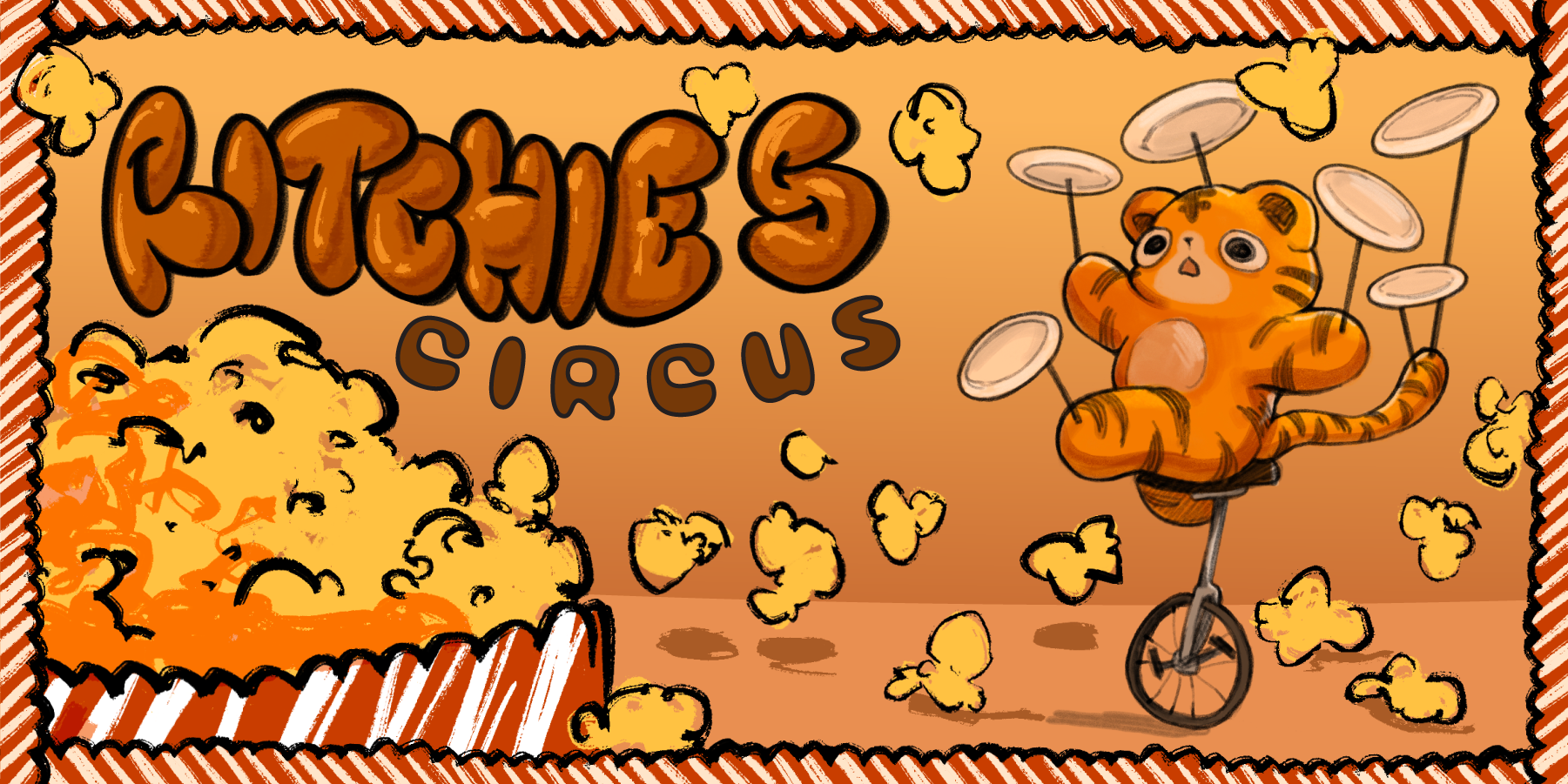 Graphic of a tiger balancing plates while riding a unicycle, with popcorn around it